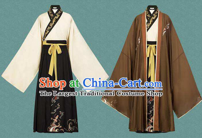 Traditional Chinese Song Dynasty Noble Childe Hanfu Apparels Ancient Prince Embroidered Cloak and Shirt Skirt Historical Costumes Full Set for Men