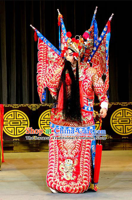 Zhan Huang Pao Chinese Sichuan Opera General Red Kao Apparels Costumes and Headpieces Peking Opera Highlights Military Officer Garment Zheng Ziming Clothing with Flags