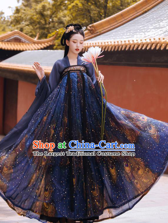 Chinese Traditional Tang Dynasty Royal Infanta Historical Costumes Ancient Princess Navy Hanfu Dress Apparels