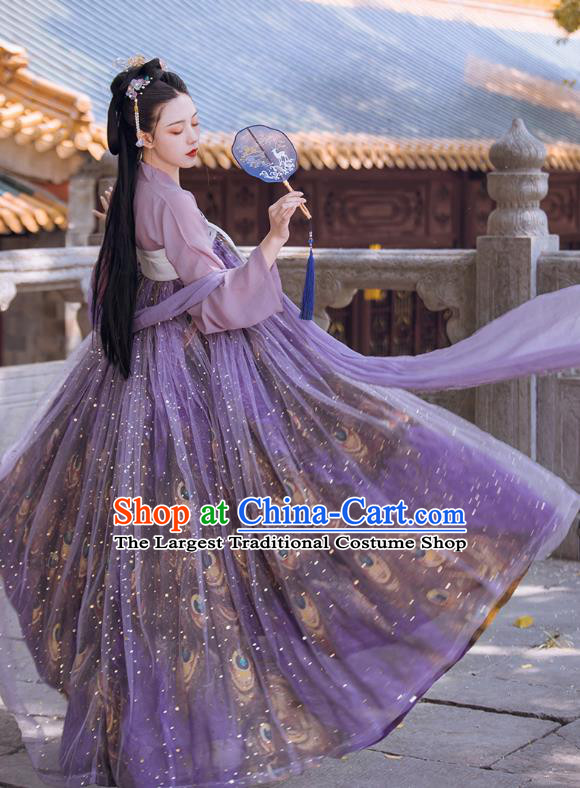 Traditional Chinese Tang Dynasty Court Infanta Historical Costumes Ancient Apparels Princess Goddess Lilac Hanfu Dress for Women