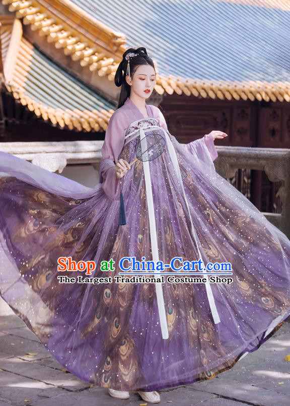 Traditional Chinese Tang Dynasty Court Infanta Historical Costumes Ancient Apparels Princess Goddess Lilac Hanfu Dress for Women