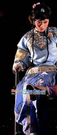 Chinese Hebei Clapper Opera Young Female Zhi Shou Garment Costumes and Headdress Golden Lock Notes Traditional Bangzi Opera Actress Dress Distress Woman Apparels