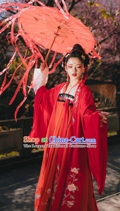 Chinese Ancient Wedding Embroidered Red Hanfu Dress Apparels Traditional Tang Dynasty Court Princess Historical Costumes Complete Set for Women