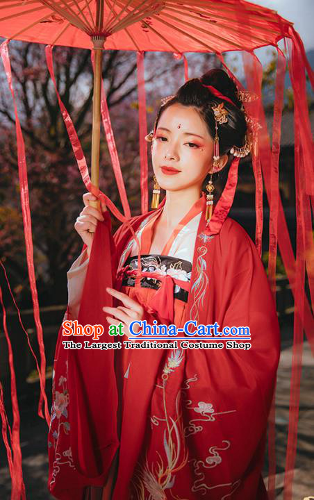 Chinese Ancient Wedding Embroidered Red Hanfu Dress Apparels Traditional Tang Dynasty Court Princess Historical Costumes Complete Set for Women