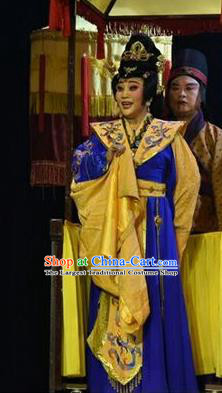 Chinese Shanxi Clapper Opera Imperial Empress Garment Costumes and Headdress Ping Cheng Fu Traditional Bangzi Opera Diva Feng Yan Blue Dress Apparels