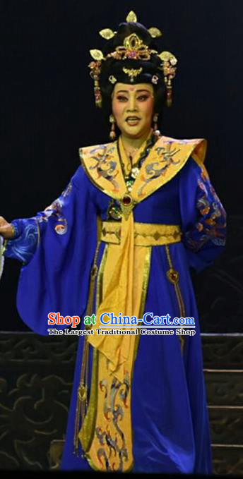 Chinese Shanxi Clapper Opera Imperial Empress Garment Costumes and Headdress Ping Cheng Fu Traditional Bangzi Opera Diva Feng Yan Blue Dress Apparels