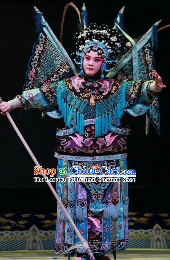 Chinese Shanxi Clapper Opera Tao Ma Tan Garment Costumes and Headdress Women General of Yang Family Traditional Bangzi Opera Martial Female Mu Guiying Dress Apparels