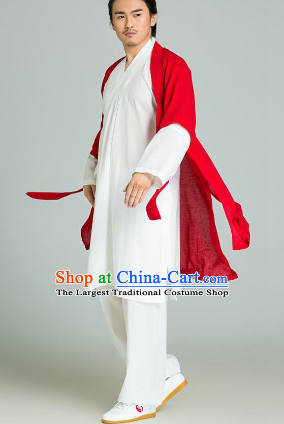 Top Grade Chinese Tai Ji Training Uniforms Kung Fu Martial Arts Costume Shaolin Gongfu Red Cloak White Shirt and Pants for Men