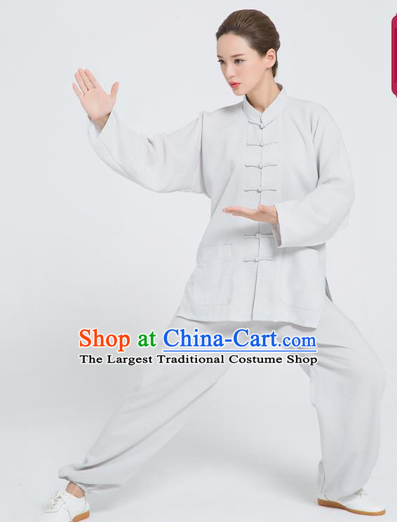 Professional Chinese Hand Painting Lotus Tai Chi Gray Flax Blouse and Pants Outfits Martial Arts Shaolin Gongfu Costumes Kung Fu Training Garment for Women