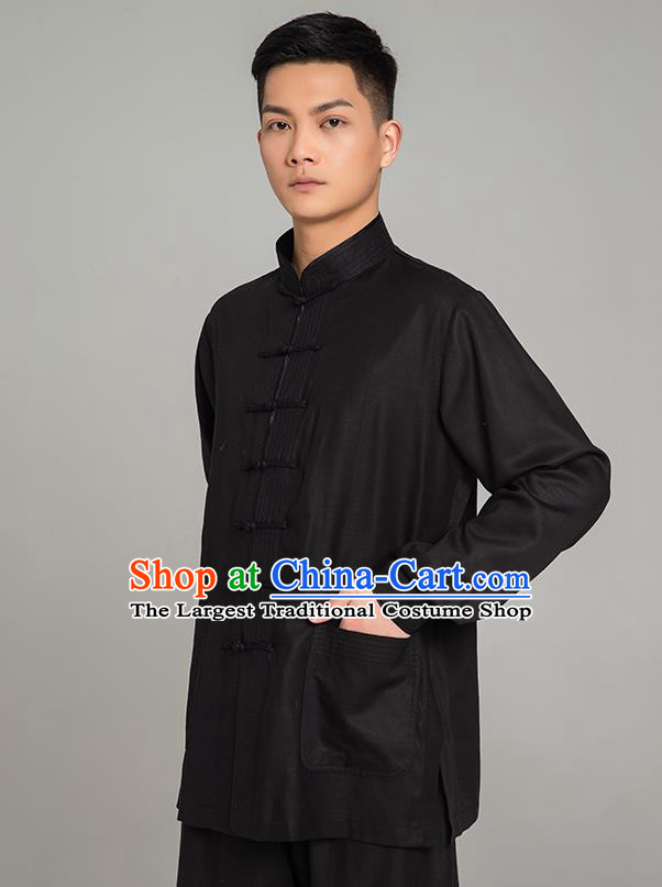 Top Grade Chinese Tai Ji Training Black Linen Uniforms Kung Fu Martial Arts Costume Shaolin Gongfu Blouse and Pants for Men