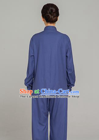 Professional Chinese Tang Suit Navy Linen Blouse and Pants Outfits Martial Arts Shaolin Gongfu Costumes Kung Fu Training Garment for Women