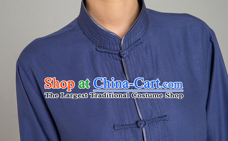 Professional Chinese Tang Suit Navy Linen Blouse and Pants Outfits Martial Arts Shaolin Gongfu Costumes Kung Fu Training Garment for Women