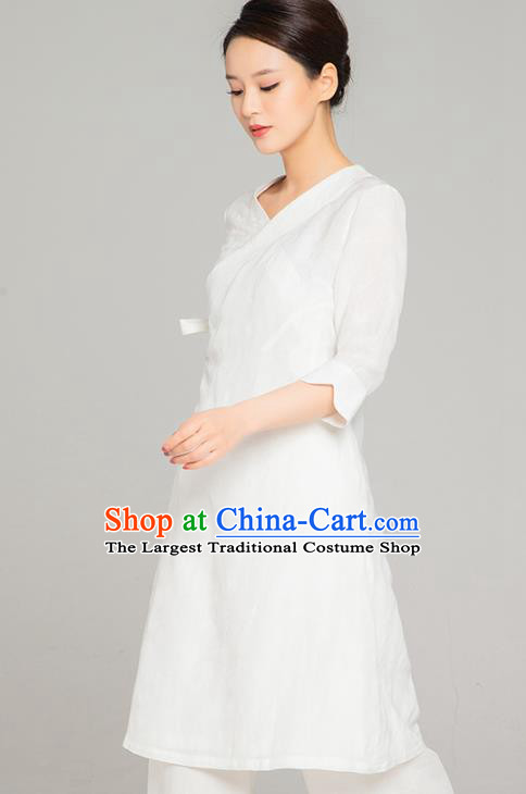 Asian Chinese Traditional Tang Suit White Flax Blouse Martial Arts Costumes China Kung Fu Upper Outer Garment Dress for Women