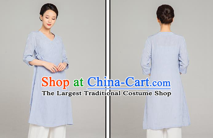 Asian Chinese Traditional Tang Suit Light Blue Flax Blouse Martial Arts Costumes China Kung Fu Upper Outer Garment Dress for Women