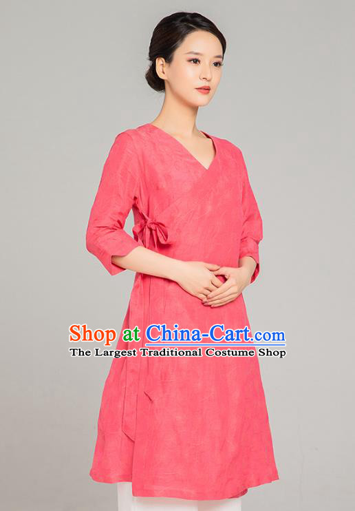 Asian Chinese Traditional Tang Suit Rosy Flax Blouse Martial Arts Costumes China Kung Fu Upper Outer Garment Dress for Women