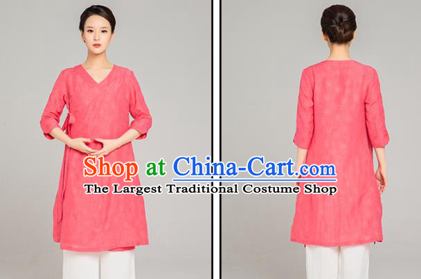 Asian Chinese Traditional Tang Suit Rosy Flax Blouse Martial Arts Costumes China Kung Fu Upper Outer Garment Dress for Women
