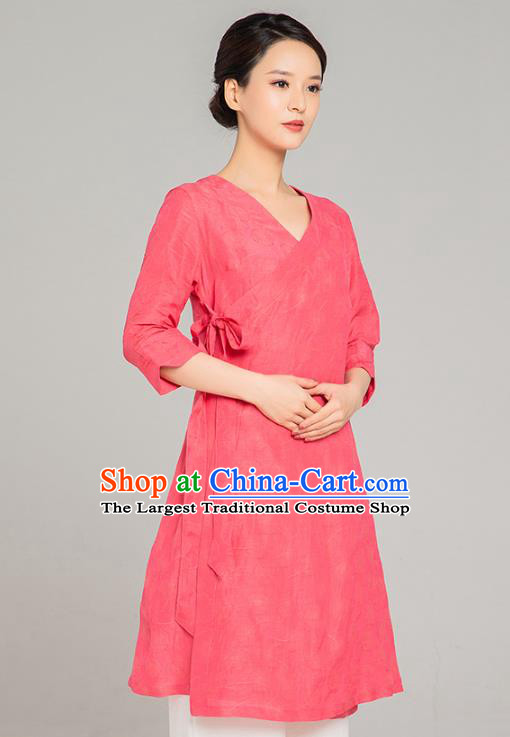 Asian Chinese Traditional Tang Suit Rosy Flax Blouse Martial Arts Costumes China Kung Fu Upper Outer Garment Dress for Women