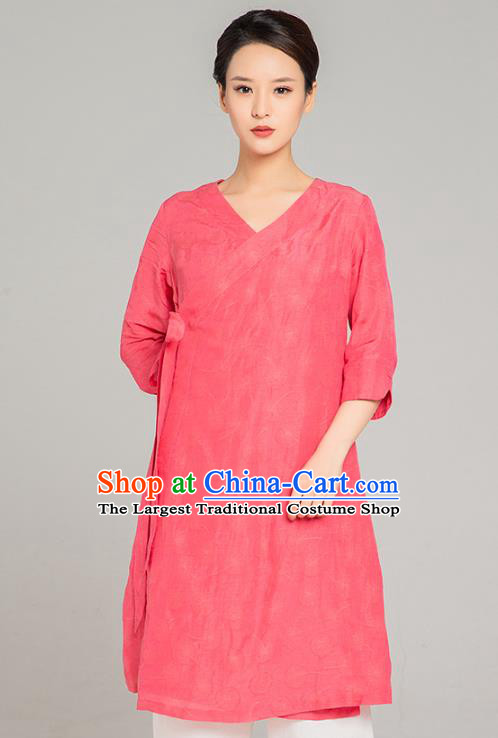Asian Chinese Traditional Tang Suit Rosy Flax Blouse Martial Arts Costumes China Kung Fu Upper Outer Garment Dress for Women