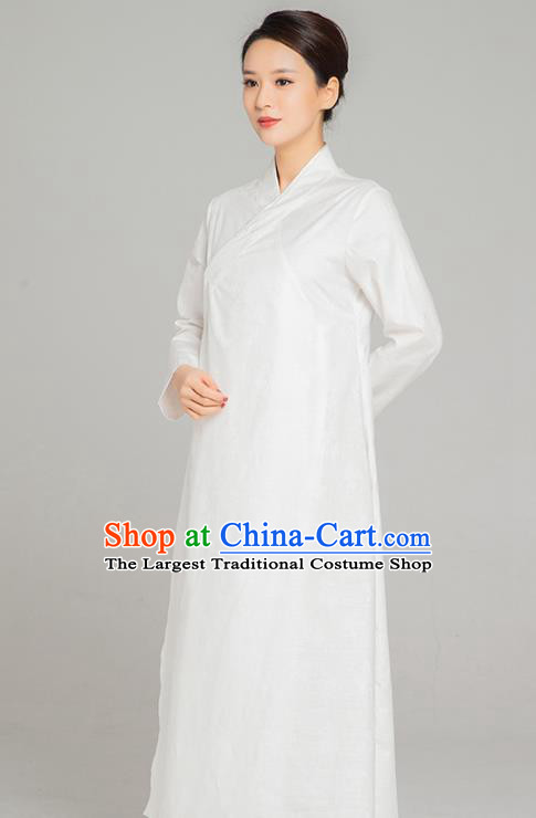 Asian Chinese Traditional Jacquard Maple Leaf White Flax Dress Martial Arts Costumes China Kung Fu Robe Garment for Women
