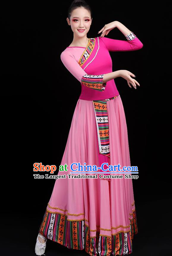 Traditional Chinese Folk Dance Costumes Stage Show Garment Pink Dress for Women