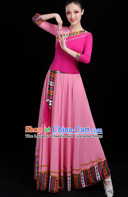 Traditional Chinese Folk Dance Costumes Stage Show Garment Pink Dress for Women