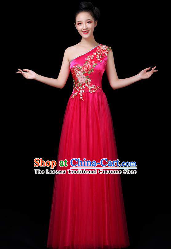 Traditional Chinese Chorus Costumes Stage Show Modern Dance Garment Opening Dance Rosy Single Shoulder Dress for Women