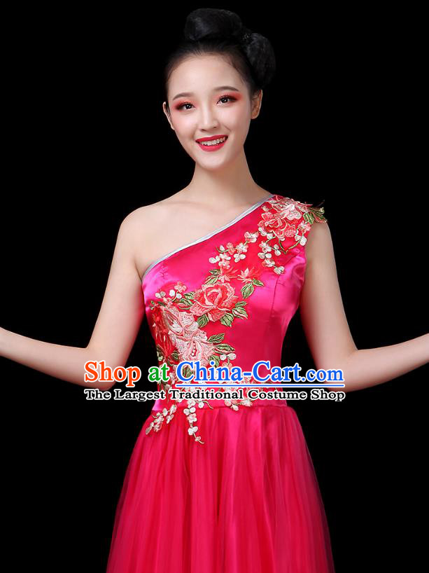 Traditional Chinese Chorus Costumes Stage Show Modern Dance Garment Opening Dance Rosy Single Shoulder Dress for Women