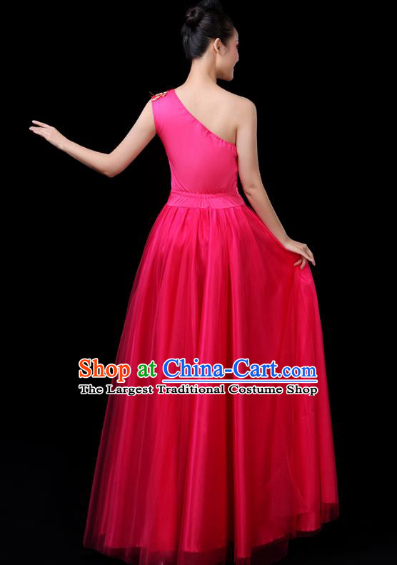 Traditional Chinese Chorus Costumes Stage Show Modern Dance Garment Opening Dance Rosy Single Shoulder Dress for Women