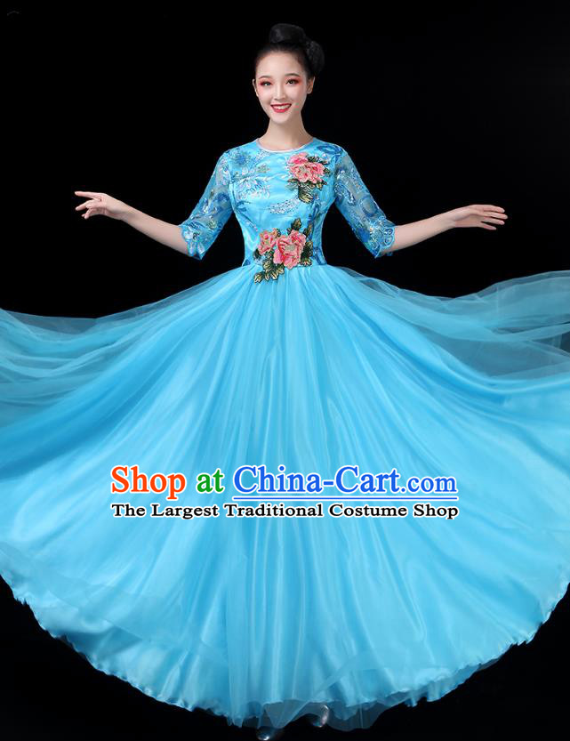Traditional Chinese Chorus Costumes Stage Show Modern Dance Garment Opening Dance Blue Veil Dress for Women