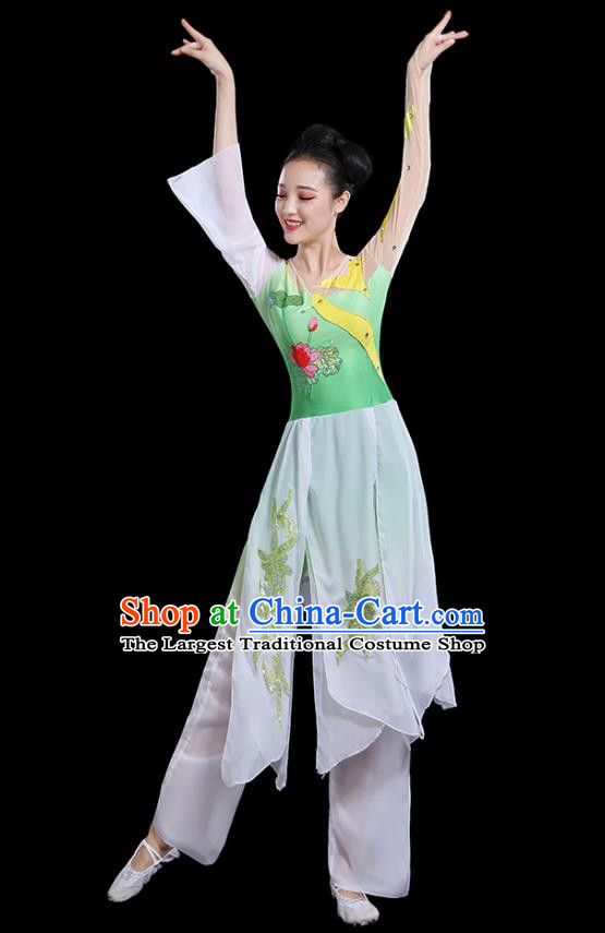 Traditional Chinese Fan Dance Costumes Stage Show Classical Dance Garment Umbrella Dance Green Blouse and Pants for Women
