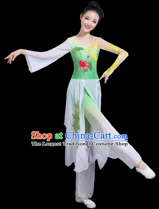 Traditional Chinese Fan Dance Costumes Stage Show Classical Dance Garment Umbrella Dance Green Blouse and Pants for Women