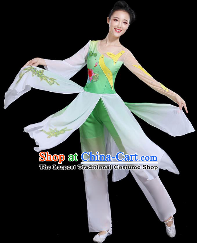 Traditional Chinese Fan Dance Costumes Stage Show Classical Dance Garment Umbrella Dance Green Blouse and Pants for Women