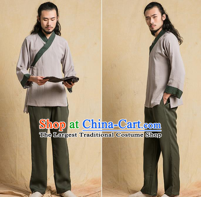 Top Grade Chinese Tai Chi Competition Uniforms Kung Fu Martial Arts Training Costume Shaolin Gongfu Brown Flax Blouse and Pants for Men