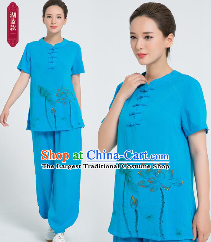 Professional Chinese Tai Chi Hand Painting Lotus Blue Flax Blouse and Pants Costumes Kung Fu Training Garment Martial Arts Outfits for Women