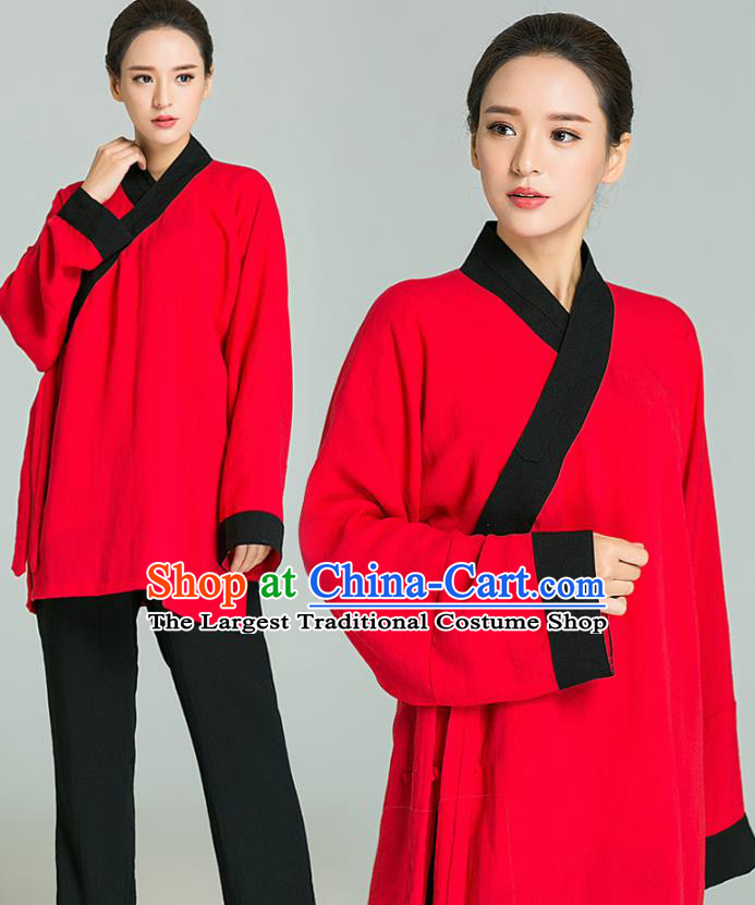 Professional Chinese Tai Chi Training Red Flax Blouse and Black Pants Costumes Kung Fu Garment Martial Arts Outfits for Women
