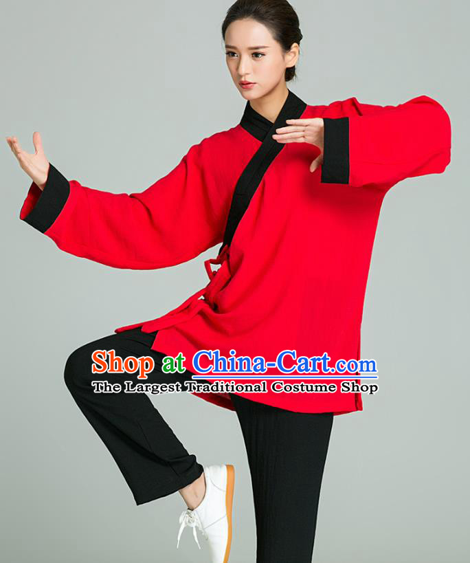 Professional Chinese Tai Chi Training Red Flax Blouse and Black Pants Costumes Kung Fu Garment Martial Arts Outfits for Women