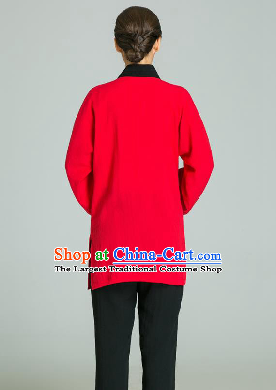 Professional Chinese Tai Chi Training Red Flax Blouse and Black Pants Costumes Kung Fu Garment Martial Arts Outfits for Women