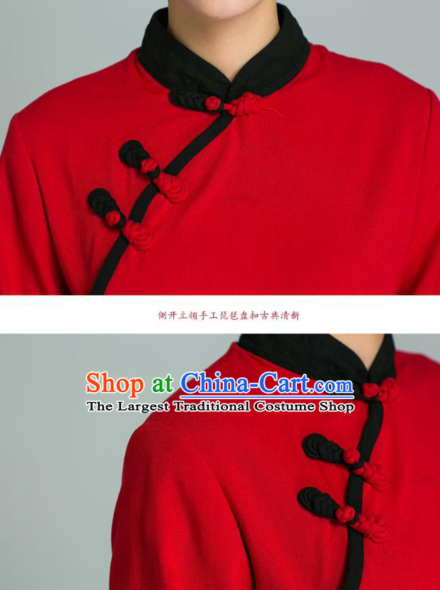 Professional Chinese Tang Suit Red Blouse and Black Pants Costumes Kung Fu Garment Tai Chi Training Outfits for Women