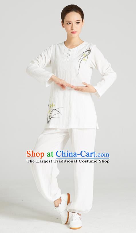 Professional Chinese Hand Painting Orchid Outfits Costumes Kung Fu Garment Traditional Wudang Tai Chi Training White Flax Blouse and Pants for Women