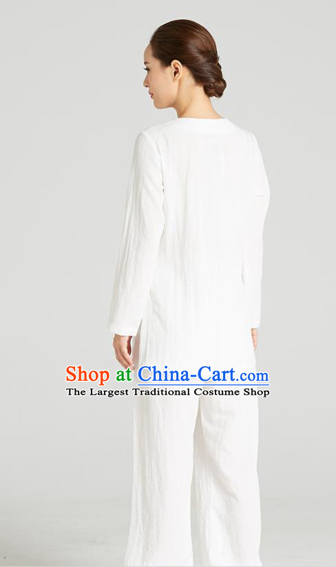 Professional Chinese Hand Painting Orchid Outfits Costumes Kung Fu Garment Traditional Wudang Tai Chi Training White Flax Blouse and Pants for Women
