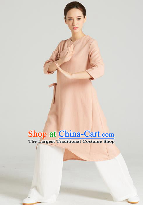 Professional Chinese Wudang Tai Chi Training Outfits Traditional Pink Flax Blouse and Pants Costumes Kung Fu Garment for Women