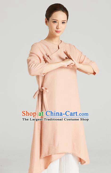 Professional Chinese Wudang Tai Chi Training Outfits Traditional Pink Flax Blouse and Pants Costumes Kung Fu Garment for Women