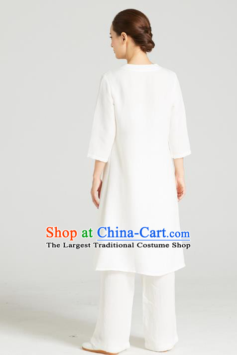 Professional Chinese Wudang Tai Chi Training Outfits Traditional White Flax Blouse and Pants Costumes Kung Fu Garment for Women