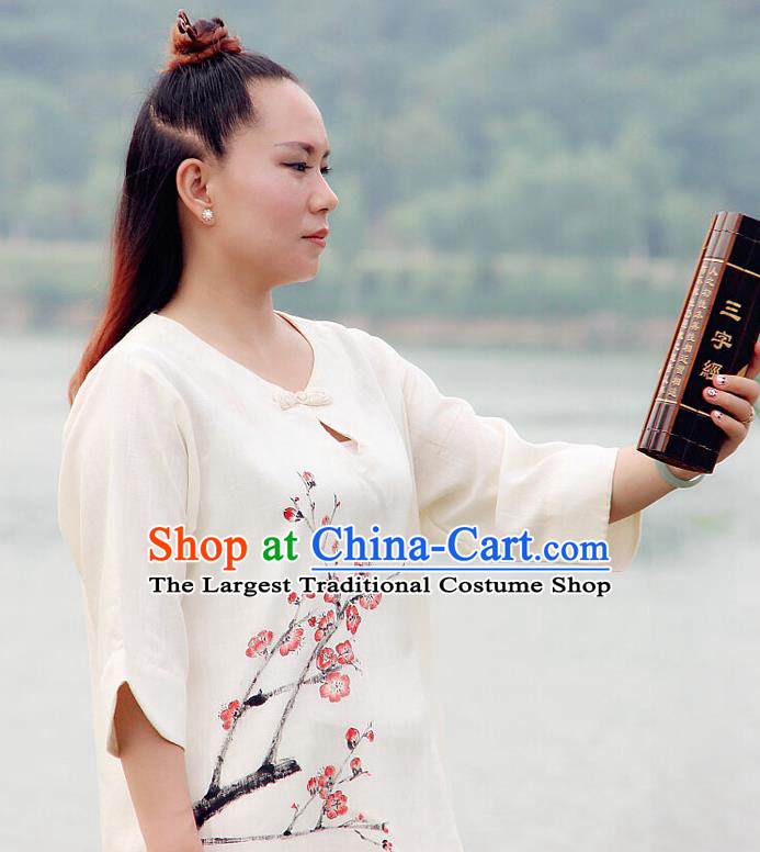 Professional Chinese Traditional Hand Painting Plum Flax Blouse and Pants Costumes Kung Fu Garment Wudang Tai Chi Training Outfits for Women
