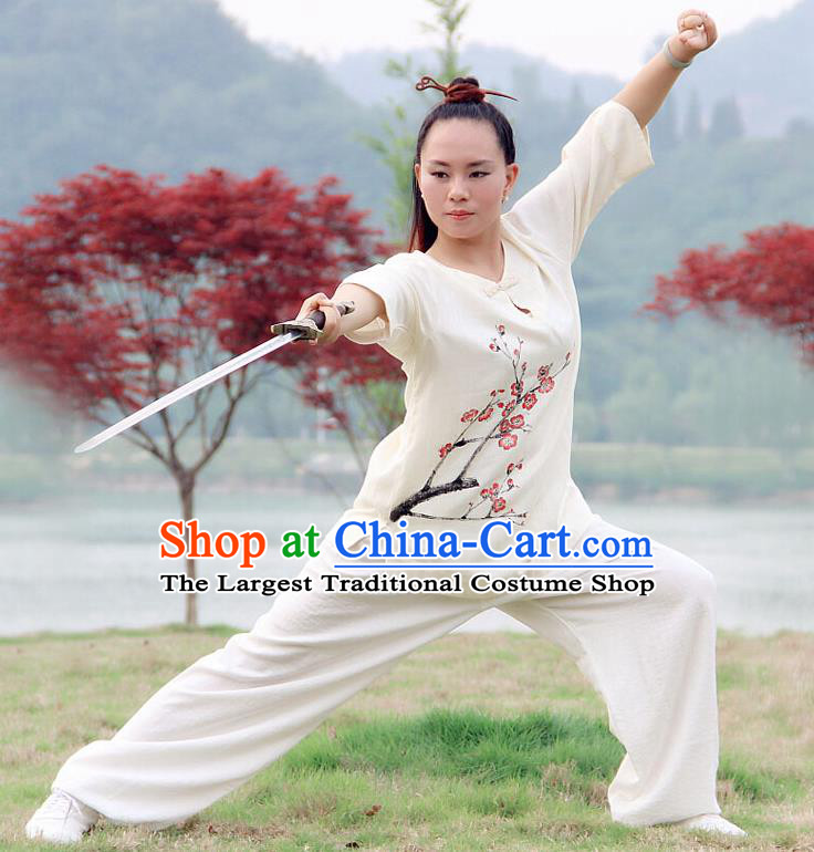 Professional Chinese Traditional Hand Painting Plum Flax Blouse and Pants Costumes Kung Fu Garment Wudang Tai Chi Training Outfits for Women
