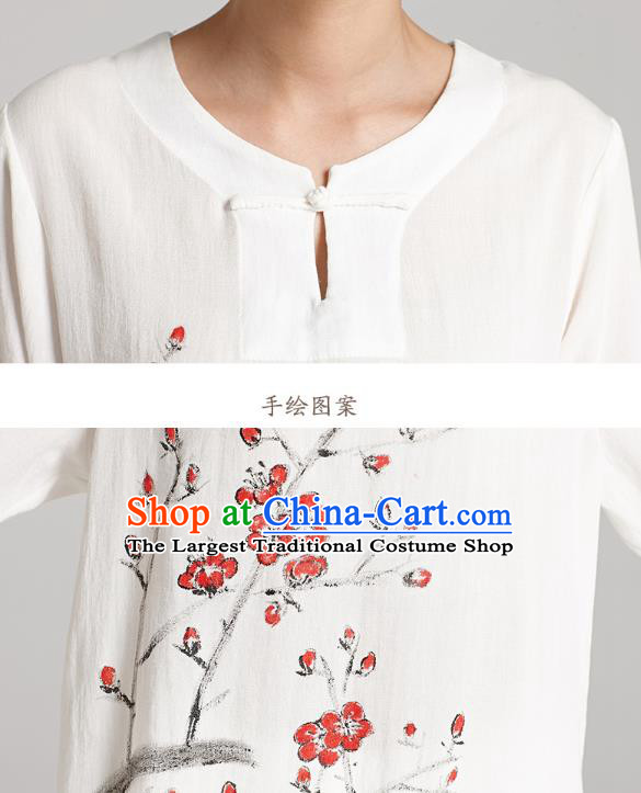 Professional Chinese Traditional Hand Painting Plum Flax Blouse and Pants Costumes Kung Fu Garment Wudang Tai Chi Training Outfits for Women