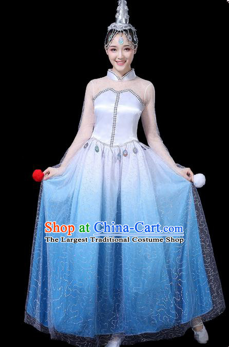 Traditional Chinese Opening Dance Costumes Stage Show Modern Dance Garment Blue Dress for Women