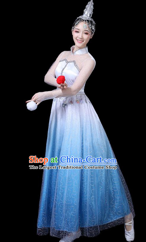 Traditional Chinese Opening Dance Costumes Stage Show Modern Dance Garment Blue Dress for Women