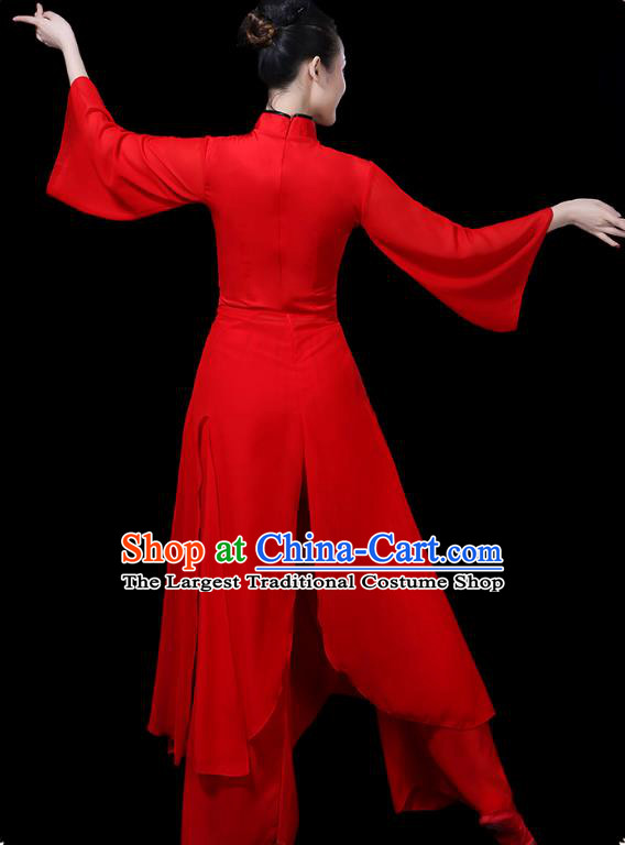 Traditional Chinese Fan Dance Costumes Stage Show Folk Dance Garment Classical Dance Red Dress and Pants for Women