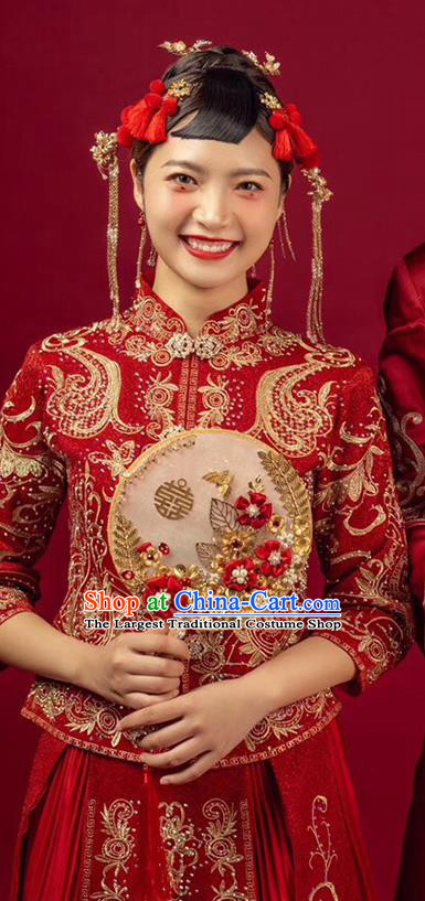 Chinese Traditional Wedding Apparels Embroidered Red Blouse and Dress Costumes Bride Drilling Xiuhe Suits for Women